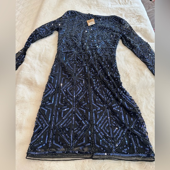 MOLLY BRACKEN SHEER LONG SLEEVE SEQUIN MINI DRESS navy blue size S - Picture 5 of 11